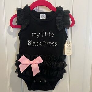 Baby Ganz “My Little Black Dress” Ruffled Baby Onesie with Pink Bow